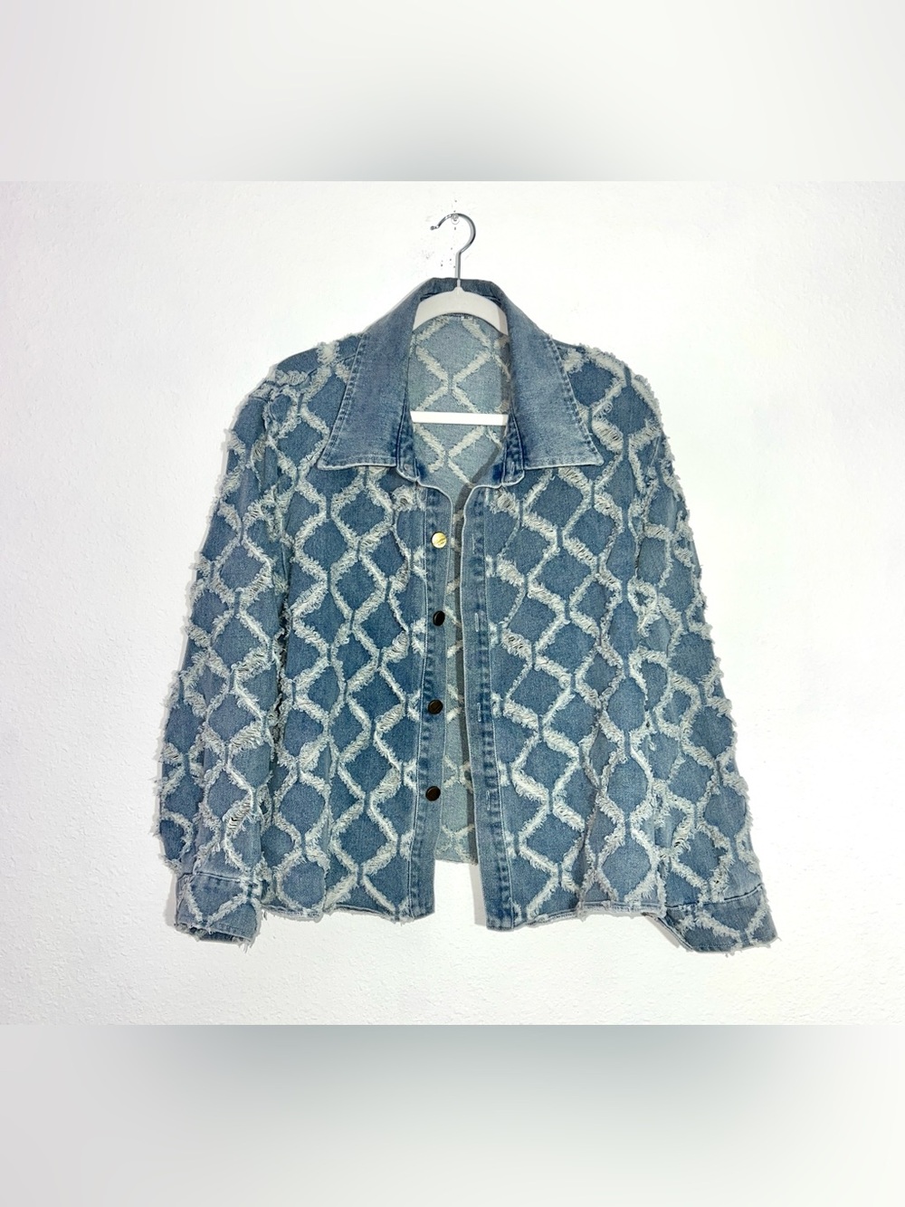 Distressed Fringed Lattice Denim Jacket XL - Diamond Quilt Pattern Jean Trucker